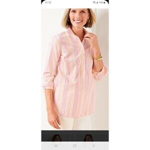 Talbots NWT non-iron peach white stripe tunic blouse XL cotton stretch pullover